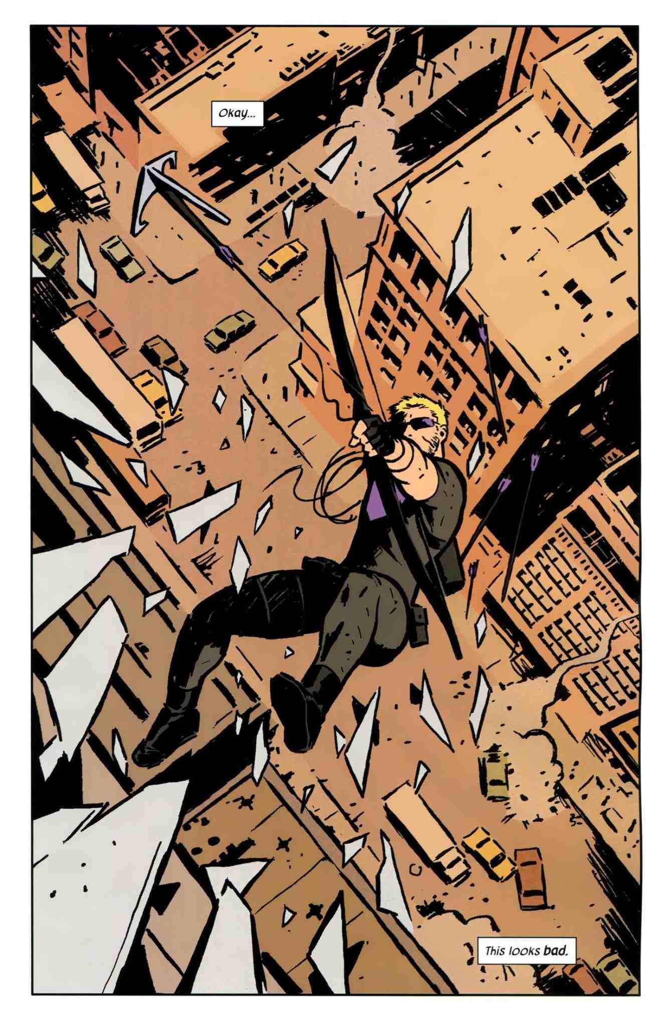 The first page of the first 2012 Hawkeye issue. We see Hawkeye falling from a building, shooting a grappling arrow vertically. The colors are mostly sepia tones.