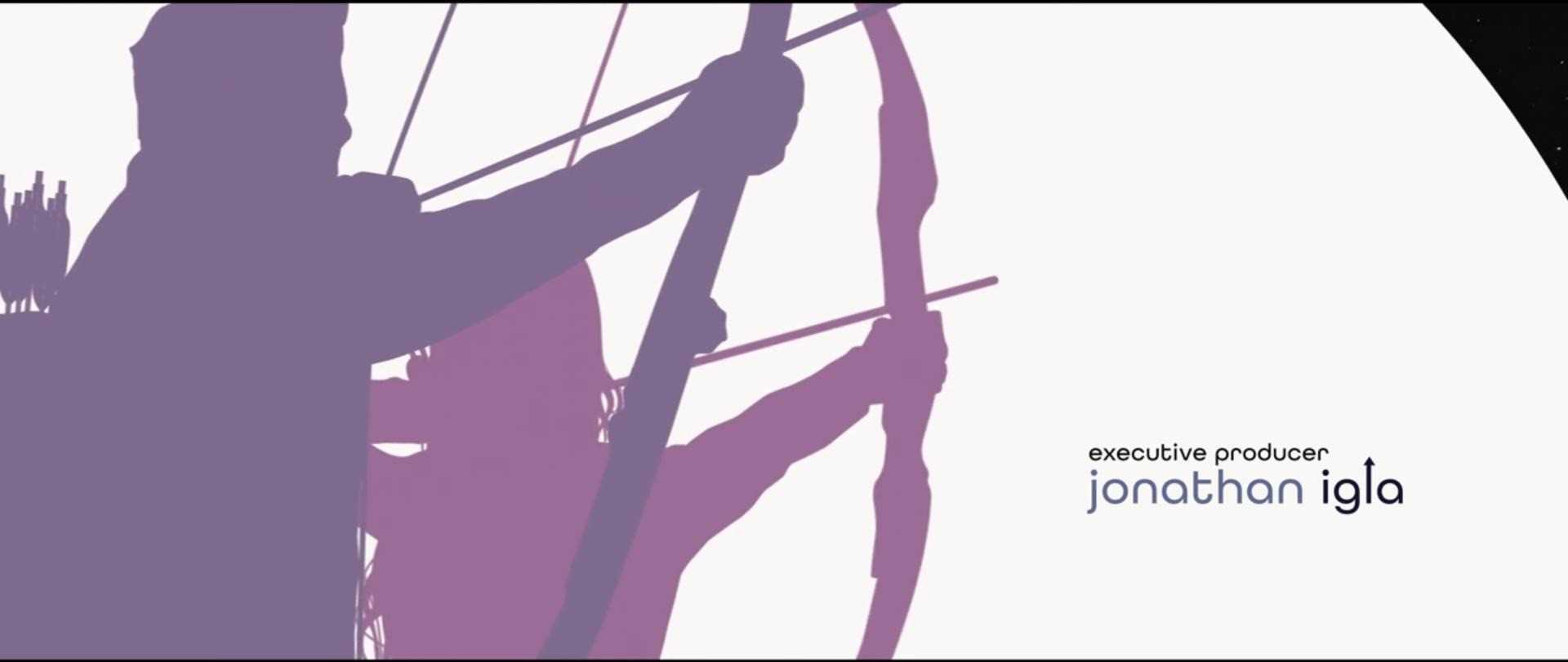 The silhouettes of Clint and Kate, drawing their bows toward the right. Clint is in dark purple, Kate is in pink-ish purple.