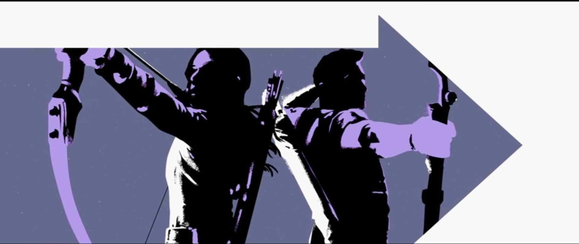 A stylicised drawing of Kate and Clint shooting their bow. It's all in black, purple and white, and the drawing is contained inside a big pointer arrow, pointing to the right (it's the trademark of the Hawkeye comics).
