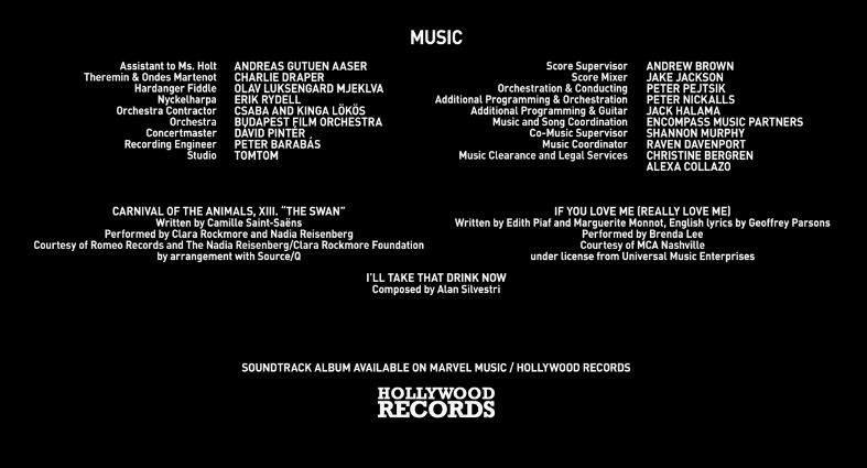 The end credits that show the music. Three numbers have been used in this episode: 1. "Carnival of the Animals, 13, "The Swan"" by Camille Saint-Saëns. 2. "If You Love Me (Really Love Me)" by Edith Piaf. 3. "I'll Take That Drink Now" by Alan Silvestri