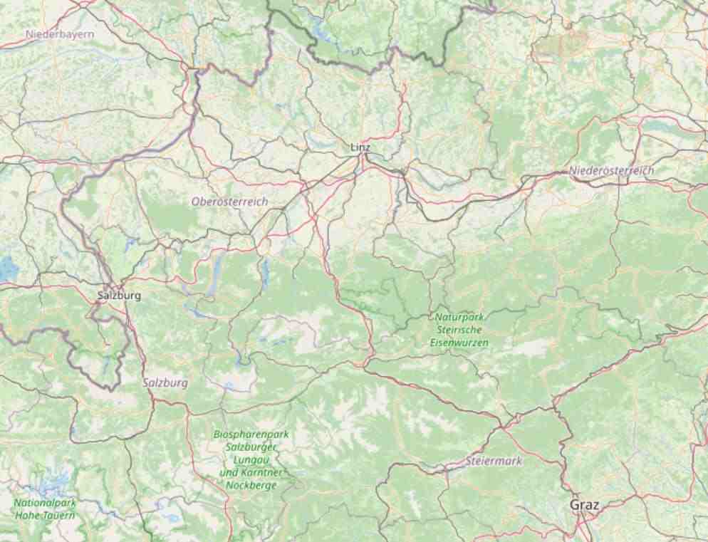 The same map in OpenStreetMap. You can see the city names of Salzburg, Linz and Graz.