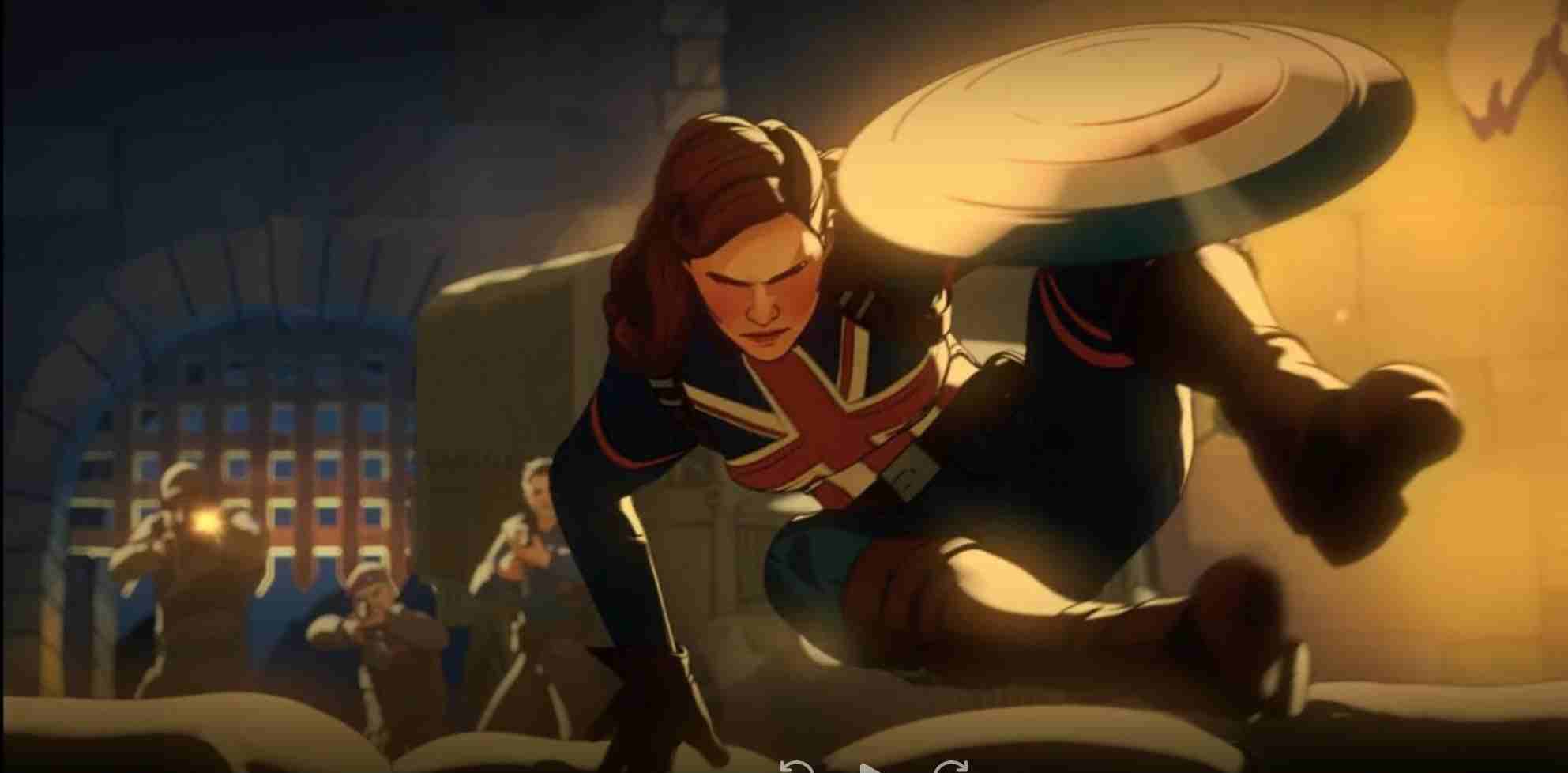 Peggy, in her Captain Britain outfit, jumps above a wall of sandbags while behind her the Howling Commandos are firing their guns.
