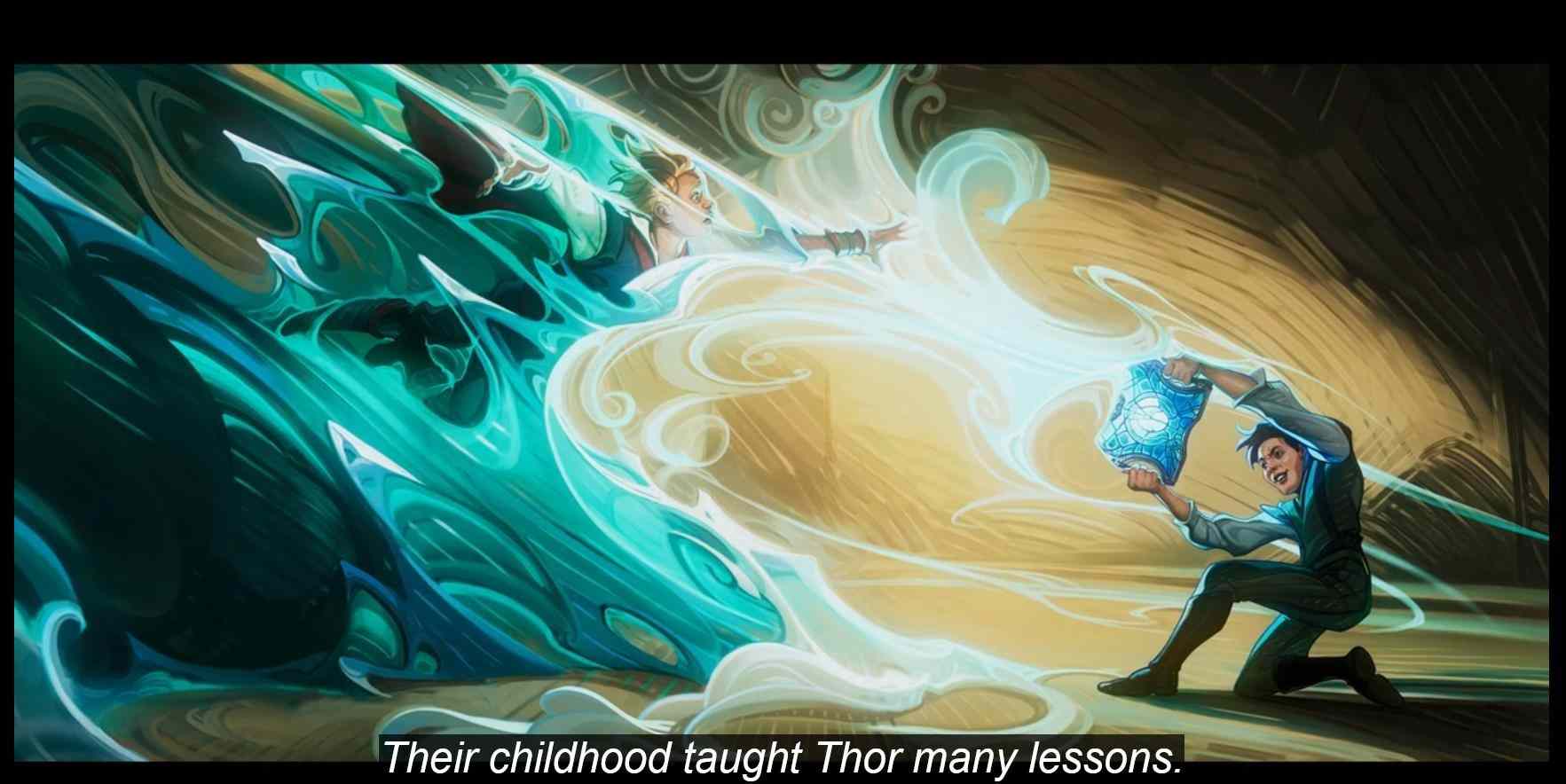 A drawing of young Thor being frozen by waves of frost coming from the Casket that young Loki is holding. They look happy and playful.