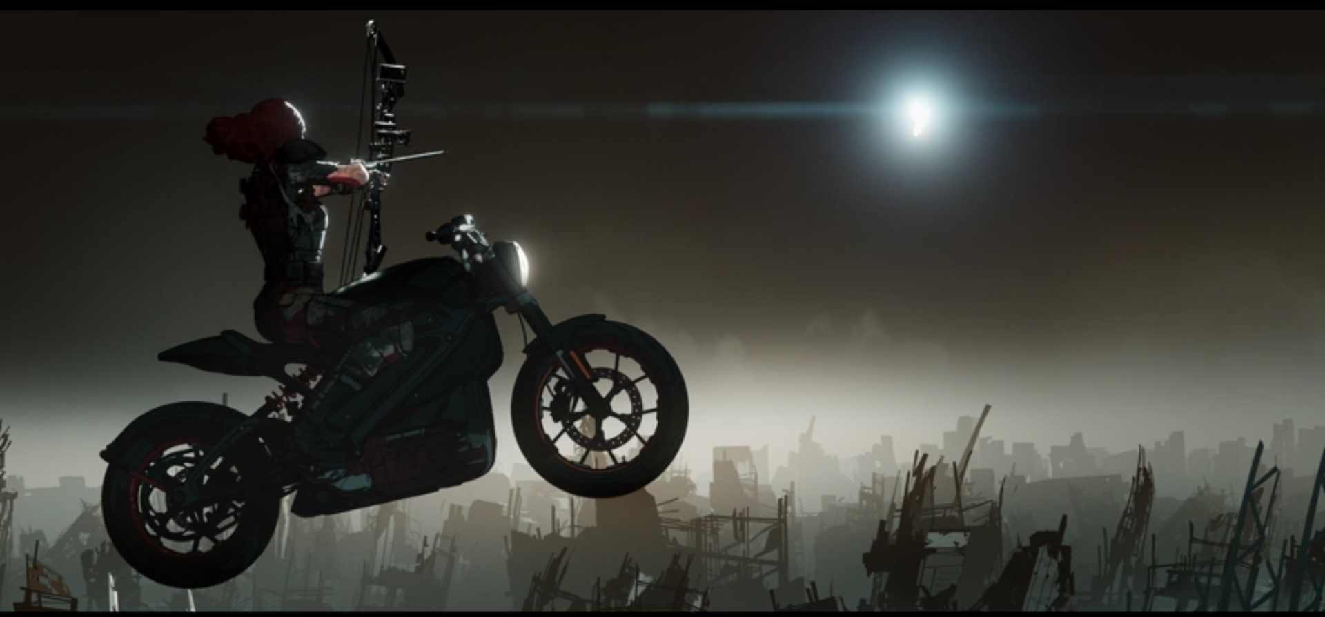 Nat on a motorbike jumping through the air, aiming a bow at a bright energy source that is Ultron far away